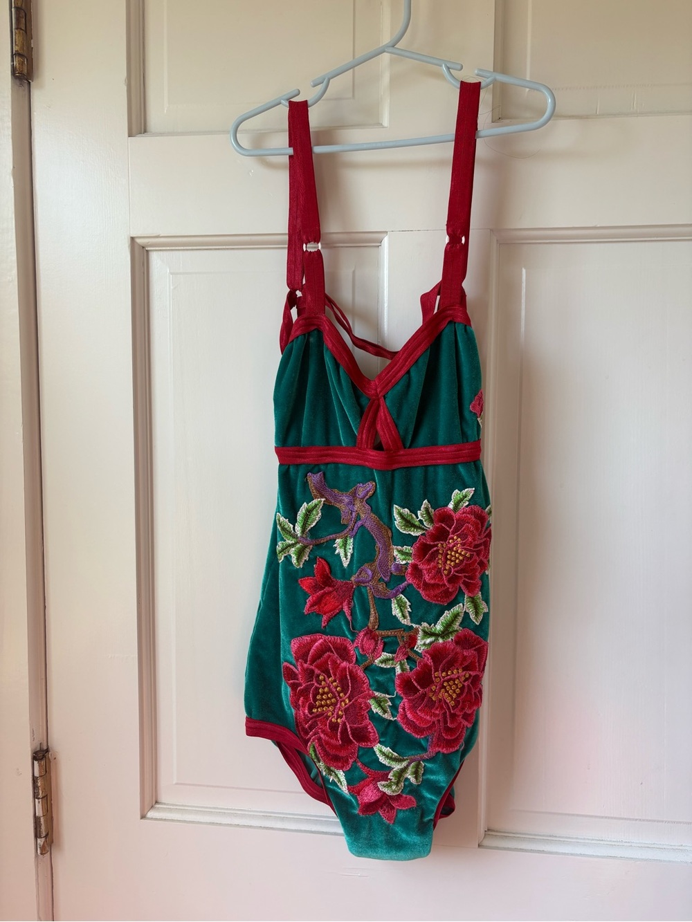 Solstice Intimates Teal One-Piece with Red Floral Embroidery Size XS